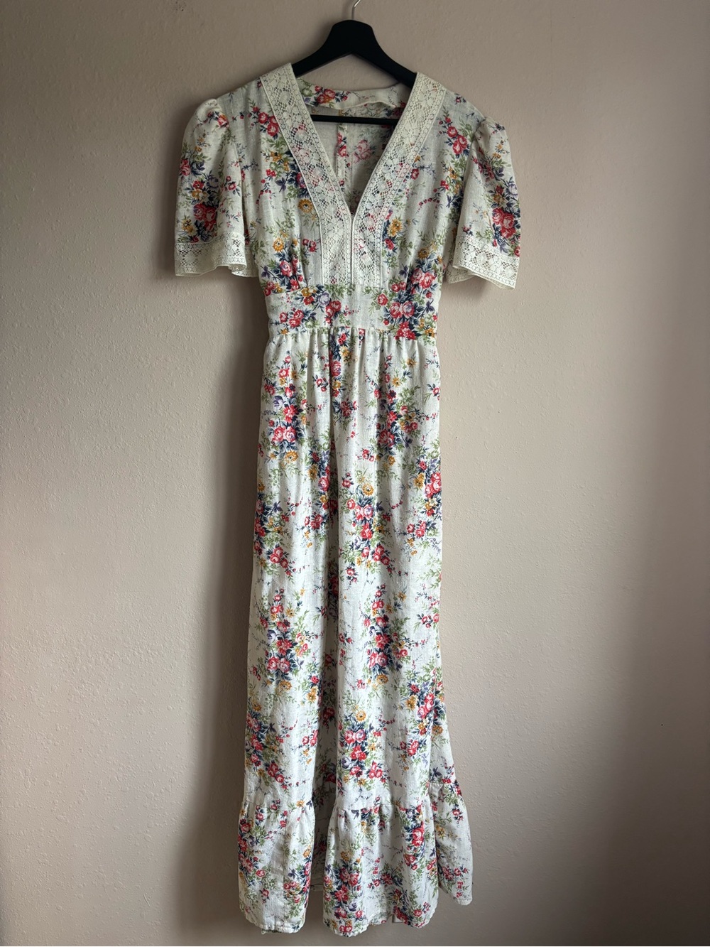 Handmade Linen Peasant Dress Floral Lace Trim Size Small